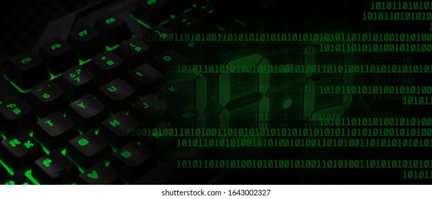 Backlit keyboard with piece of code. Computer hacking, network security breach, internet safety, digital computer virus, hacked software system status. Binary codes floating.