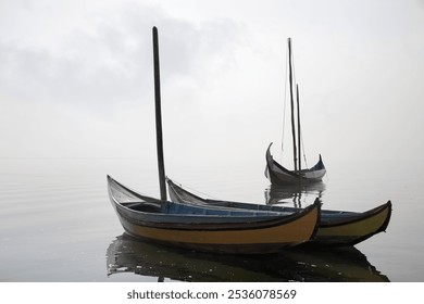 Backlit traditional fisherman wooden boats from Ria de Aveiro, Portugal, in a foggy morning. - Powered by Shutterstock