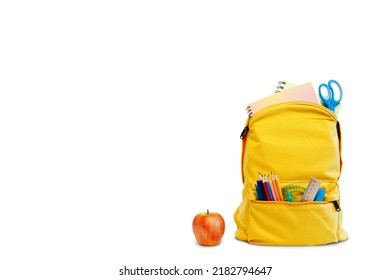 Backpack with different colorful stationery and apple on white background. Banner design back to school concept background. with the path - Powered by Shutterstock