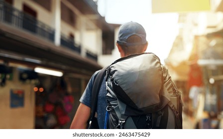 Backpack, flare and travel with tourist in city for adventure, journey or holiday in foreign overseas town. Tourism, vacation and walking with person outdoor for discovery abroad or exploration - Powered by Shutterstock