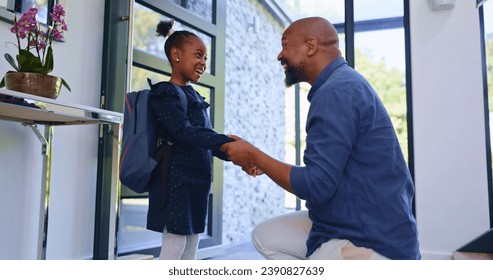 Backpack, hello and father with girl school child in a house for greeting, welcome or bond with love. Happy, black family or student kid with dad in a doorway for conversation, support and security - Powered by Shutterstock