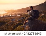 Backpack, hiking and photography with man in mountains for adventure, hobby or travel outdoor. Break, scenic and view with confident hiker or photographer in nature for getaway, holiday or vacation