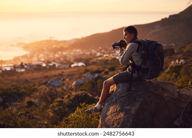 Backpack, hiking and photography with man in mountains for adventure, hobby or travel outdoor. Break, scenic and view with confident hiker or photographer in nature for getaway, holiday or vacation - Powered by Shutterstock