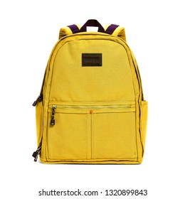 Backpack Isolated on White Background. Yellow Travel Daypack with Zippered Compartment. Satchel Rucksack. Canvas School Backpack. Bag Front View with Shoulder Straps - Shutterstock ID 1320899843