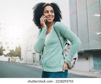 Backpack, Phone Call And Student In City Street Walking To University, Listening To Results Or Feedback On Internship Opportunity. Happy Black Woman With Smartphone Call Talking Outdoor In Urban Road