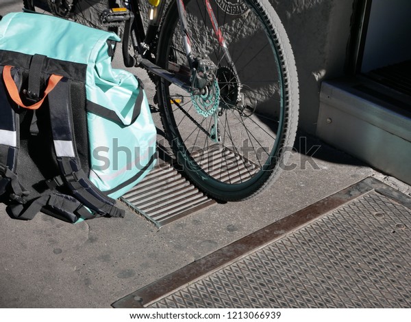 Backpack of a Rider Biker Bike Delivery Food Service\
in Milan,Italy-October\
2018