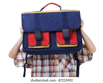 Backpack for school, kid hiding behind