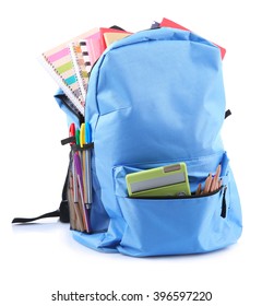 Backpack with school supplies, isolated on white - Shutterstock ID 396597220