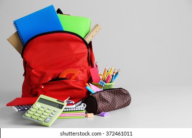 Backpack School Supplies On Wooden Table Stock Photo 360807155 ...