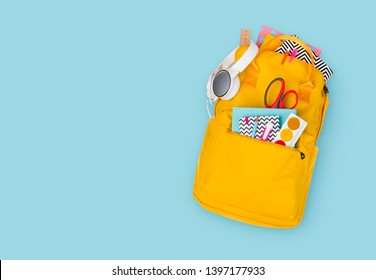 Backpack With School Supplies, Top View. Back To School Concept