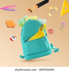 Backpack surrounded by flying school stationery on pale orange background