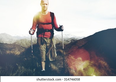Backpacker Extreme Hiking Rugged Mountains Concept