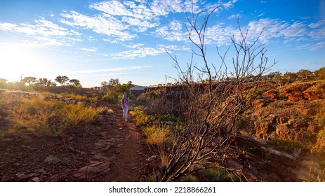 Backpacker Girl Hiking In Karijini National Park, Australia At Sunrise; Sunrise In The Red Desert In The Australian Outback