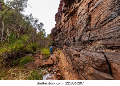 Backpacker Girl Hiking Through A Canyon In Karijini National Park In Western Australia, Hiking In The Australian Outback; Desert With Red Rocks