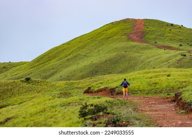 backpacker girl walks along a ridge among Costa Rica's cerro pelado mountains during a sunny day; hiking through mighty mountains covered with green, luscious grass; mountains in the tropics amid rain