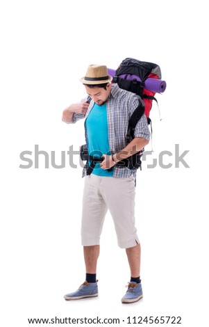 Backpacker with large backpack isolated on white
