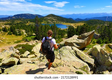 Backpacker Man Hiking The Pyrenees Mountains- Beautiful Panoramic View