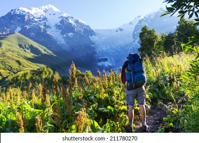 Backpacker in mountains