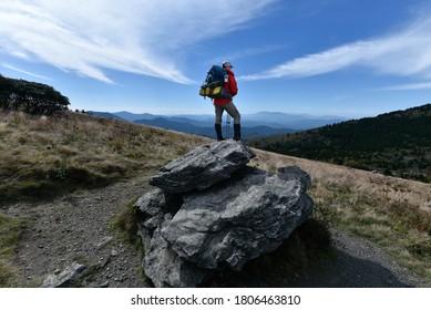 Backpacker In Red Looking Over The Appalachian Trail 