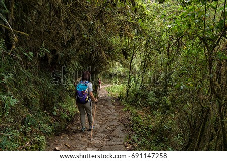 Backpacker walking on Inca Trail to Machu Picchu, Peru