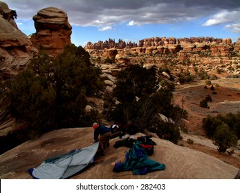 Backpackers Setting Up  Camp