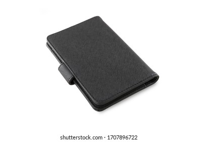 Backside Of A Black Leather Passport Case Isolated On White Background.