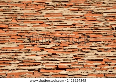 Backside of a brick wall. Uneven brick layout with mortar oozing out. Orange bricks weeping mortar.