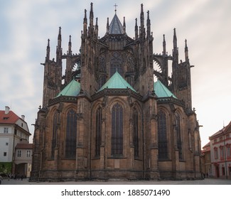 The backside of St. Vitus Cathedral on the grounds of Prague Castle in the evening. - Shutterstock ID 1885071490