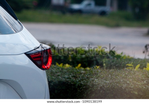 backside of white car stop on the road view on light\
break of car.