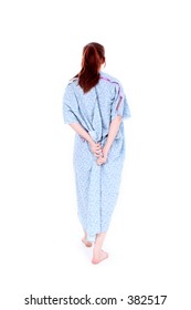 Backside Of Woman Holding Hospital Gown Closed.