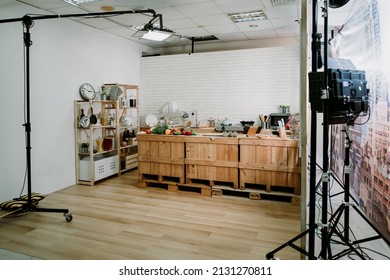 Backstage Shooting Tutorial Tv Cooking Show. Modern Kitchen Studio With Lights Tools For Video Recording. Empty Home Interior Preparing Healthy Meal Place With Nobody Isolated White Background