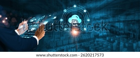 Backup: Businessman holding virtual interface panel of digital device on global networking, data protection, recovery, cloud storage, disaster recovery, and backup technology in futuristic.