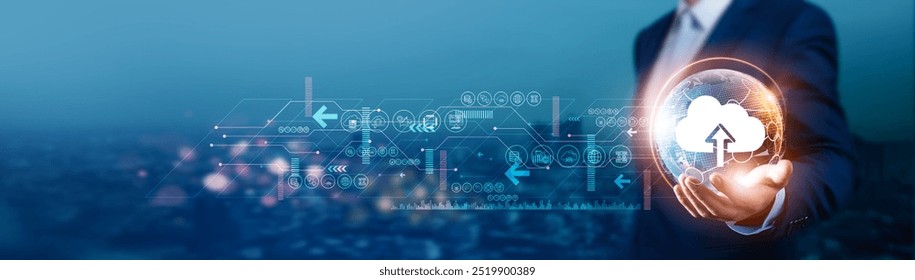 Backup. Businessman holds global Backup with network connected to cloud-based servers and storage solution. Continuous development is essential to ensure data protection and recovery. - Powered by Shutterstock