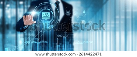 Backup: Businessman touch backup analyzing graph data recovery, cloud storage, security, disaster recovery, redundancy, system integrity, data protection, availability.