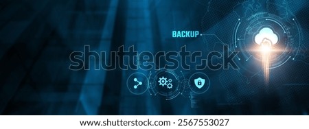 Backup Concept: Businessman implementing backup solutions on virtual interface. Data protection, disaster recovery, cloud storage, redundancy, security, reliability.