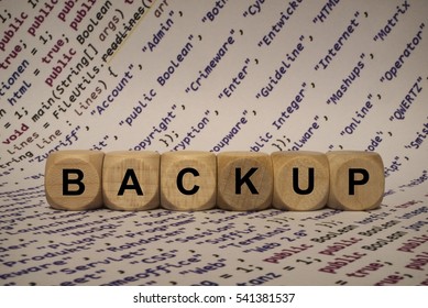 backup - cube with letters and words from the computer, software, internet categories, wooden cubes