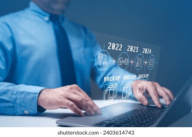 Backup data concept. Database administrators backup company and customer data concept. Databases, computer, DBMS, DBA, database, SQL, cloud stored. Software engineering is restoring data to servers