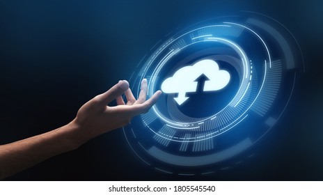 Backup Data. Male Hand Touching Storage Cloud Icon On Digital Screen With Up And Down Arrows Over Dark Background, Creative Design, Panorama - Shutterstock ID 1805545540