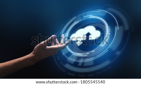Backup Data. Male Hand Touching Storage Cloud Icon On Digital Screen With Up And Down Arrows Over Dark Background, Creative Design, Panorama