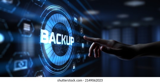 Backup Disaster Recovery. Hand Pressing Button On Screen.