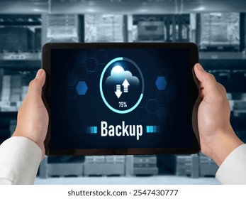Backup Storage Data Internet Technology Business concept. Database storage cloud technology file data transfer sharing, cyber, big data information, internet banking application download upload snugly
