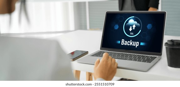 Backup Storage Data Internet Technology Business concept. Database storage cloud technology file data transfer sharing, cyber, big data information, internet banking application download upload snugly