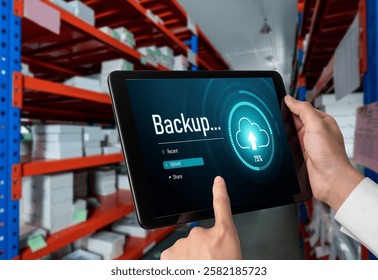 Backup Storage Data Internet Technology Business concept. Database storage cloud technology file data transfer sharing, cyber, big data information, internet banking application download upload snugly