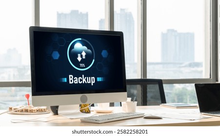 Backup Storage Data Internet Technology Business concept. Database storage cloud technology file data transfer sharing, cyber, big data information, internet banking application download upload snugly