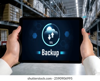Backup Storage Data Internet Technology Business concept. Database storage cloud technology file data transfer sharing, cyber, big data information, internet banking application download upload snugly