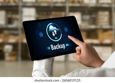 Backup Storage Data Internet Technology Business concept. Database storage cloud technology file data transfer sharing, cyber, big data information, internet banking application download upload snugly