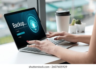 Backup Storage Data Internet Technology Business concept. Database storage cloud technology file data transfer sharing, cyber, big data information, internet banking application download upload snugly