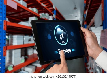 Backup Storage Data Internet Technology Business concept. Database storage cloud technology file data transfer sharing, cyber, big data information, internet banking application download upload snugly