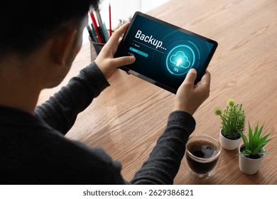 Backup Storage Data Internet Technology Business concept. Database storage cloud technology file data transfer sharing, cyber, big data information, internet banking application download upload snugly
