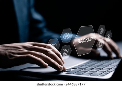 Backup storage data technology concept. Backup online documentation database and digital file storage system or software, file access, doc sharing.